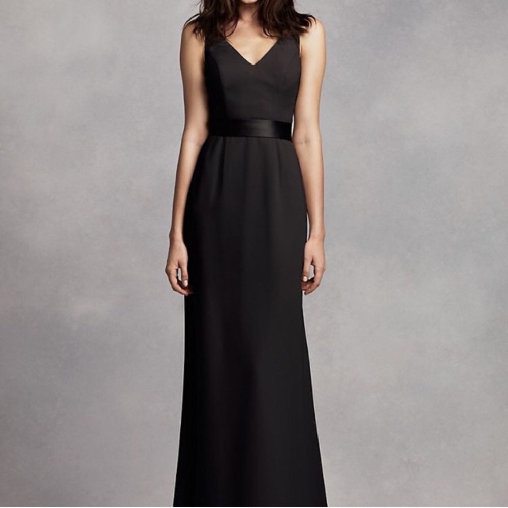 David’s Bridal Long V Neck Crepe Gown w/ Open Back